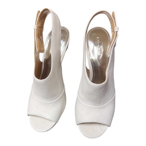 COACH “LILLIE” White Leather Peep Toe Mirrored Stacked Heel - Picture 2 of 5